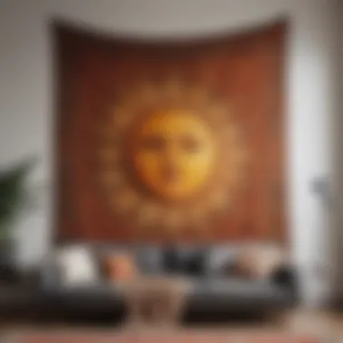 A cozy living room adorned with a large sun-themed wall tapestry as a focal point