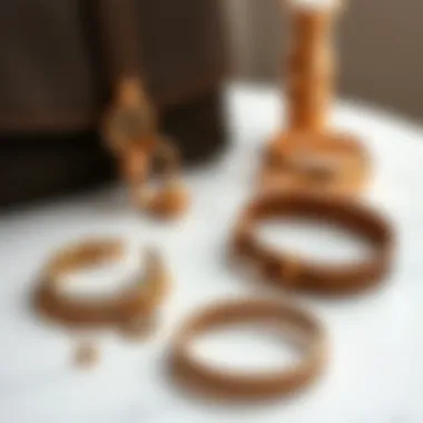 Stylish arrangement of various copper wrist accessories on a marble surface