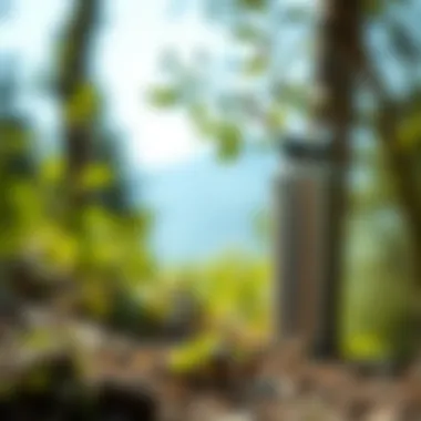 An outdoor scene with a stainless insulated water bottle beside a reusable straw