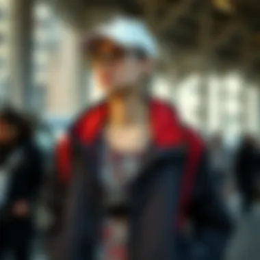 Fashion-Forward Ensemble with Accessories A fashion-forward ensemble featuring a thin windbreaker jacket styled with various accessories.