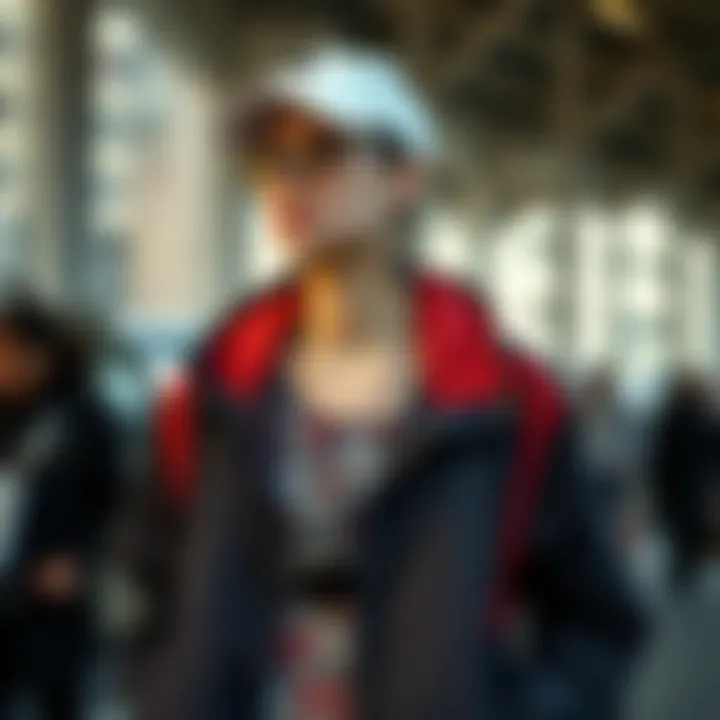 Fashion-Forward Ensemble with Accessories A fashion-forward ensemble featuring a thin windbreaker jacket styled with various accessories.