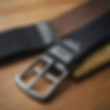 Stylish Nylon Belt Display Stylish nylon belt with a plastic buckle displayed on a wooden surface