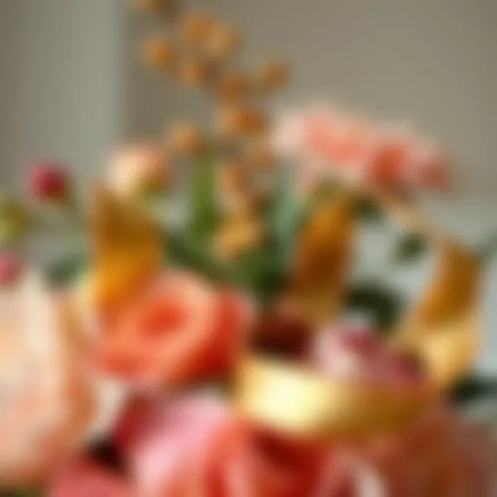 Unique pairing of gold ribbon with floral elements