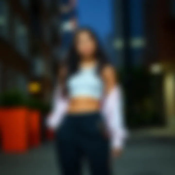 A modern street style look highlighting sweatpants and a crop top