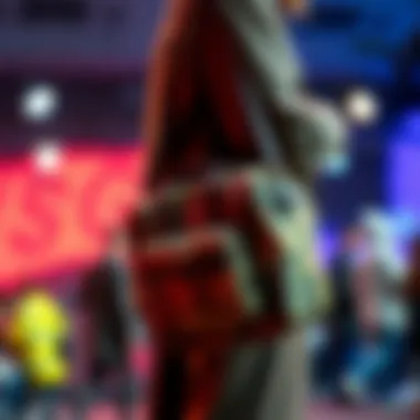 Camo shoulder bag showcased at a fashion event