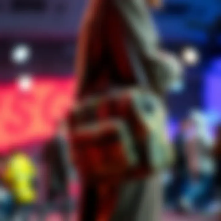 Camo shoulder bag showcased at a fashion event