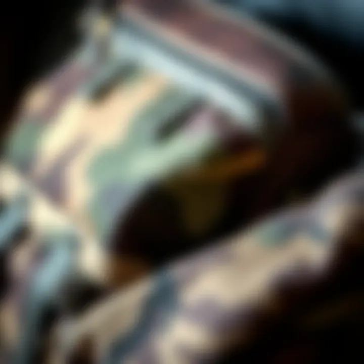 Close-up view of camo shoulder bag materials and textures