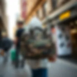 Trendy camo shoulder bag displayed in an urban setting