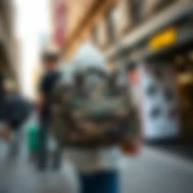 Trendy camo shoulder bag displayed in an urban setting