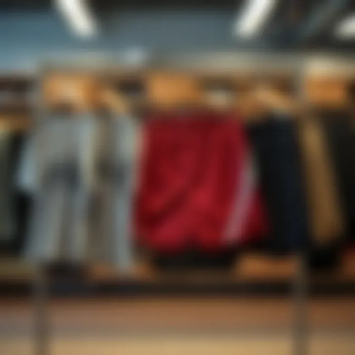 Different styling options of UA woven training shorts on a rack