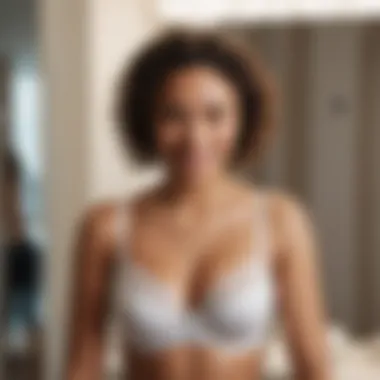 A confident young individual wearing a well-fitted bra, smiling in a mirror.