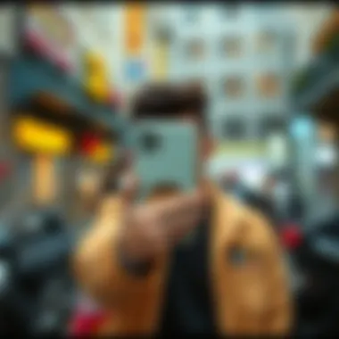 Trendy urban setting featuring a person showcasing a personalized phone case.