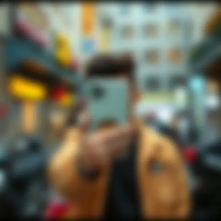 Trendy urban setting featuring a person showcasing a personalized phone case.