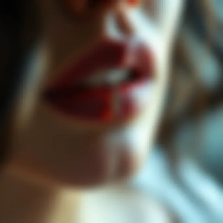 Close-up of a model wearing a stylish vertical labret lip piercing adorned with gemstones.