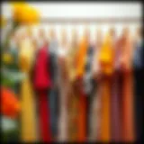 A collection of beautifully arranged vintage inspired dresses hanging on a rack, showcasing vibrant colors and unique patterns.